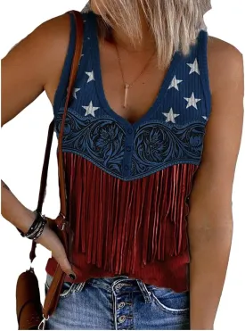 Womens American Flag Fringe Tank Top American Flag Pattern Floral Tassel Shirt 4Th of July Shirt