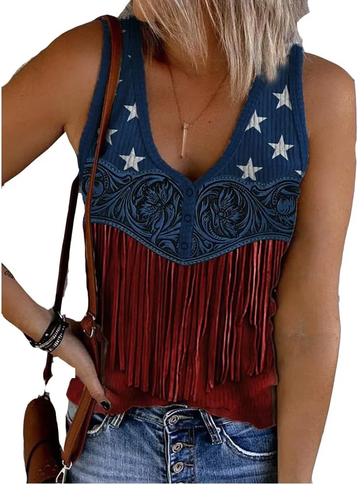 Womens American Flag Fringe Tank Top American Flag Pattern Floral Tassel Shirt 4Th of July Shirt