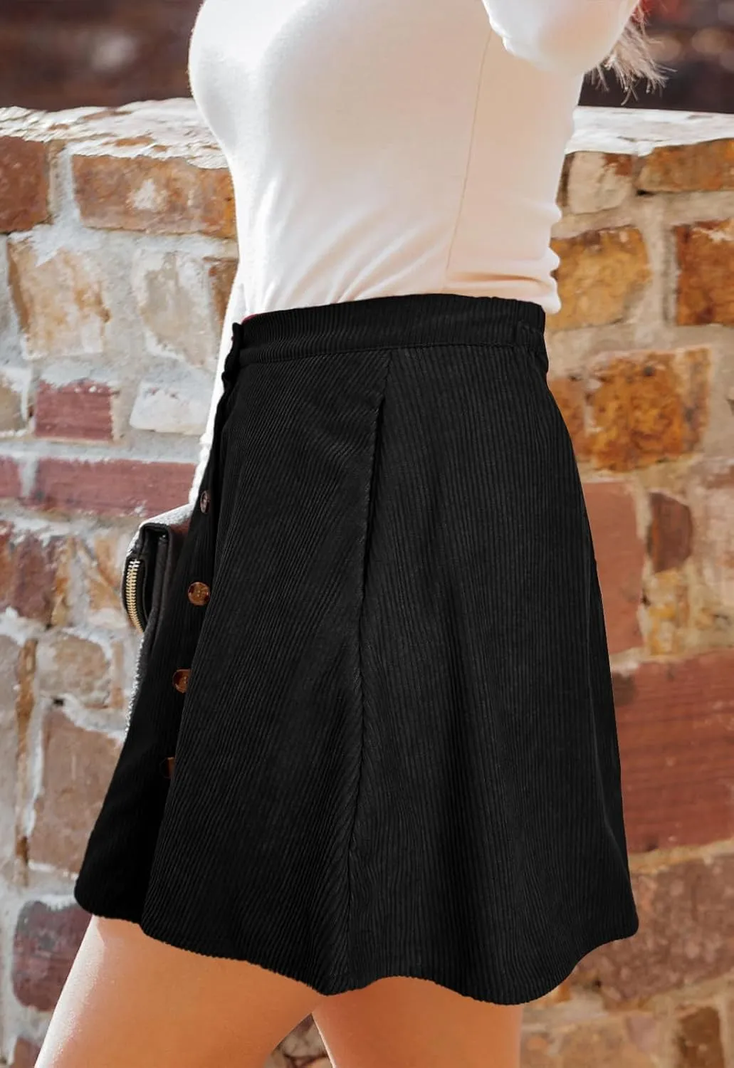 Womens Button Front Mini Skirt A-line Pleated Corduroy Skater Skirts for Women with Pocket