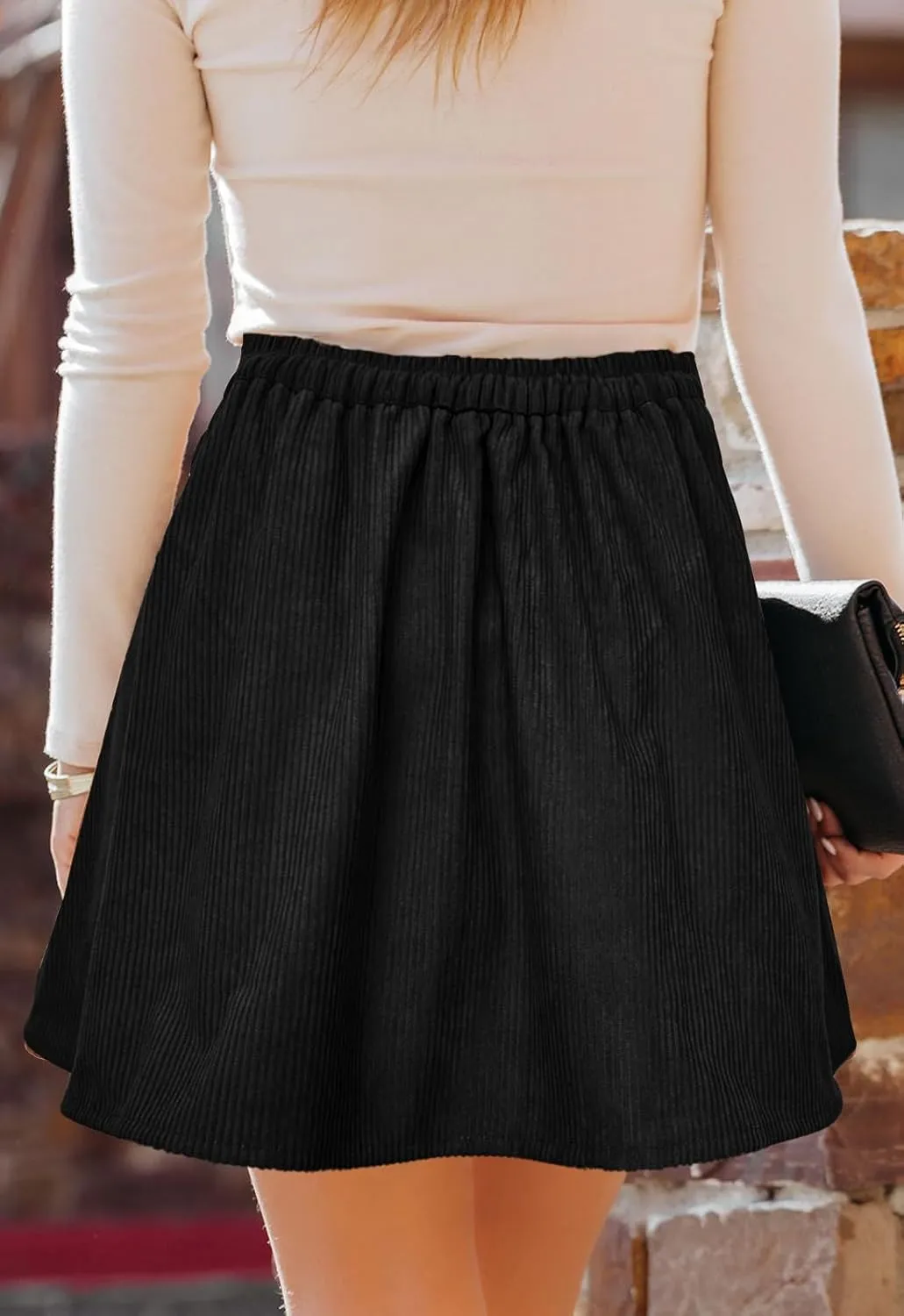 Womens Button Front Mini Skirt A-line Pleated Corduroy Skater Skirts for Women with Pocket