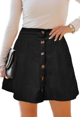 Womens Button Front Mini Skirt A-line Pleated Corduroy Skater Skirts for Women with Pocket