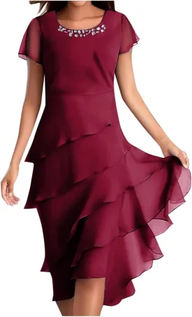 Women's Chiffon Dresses Short Sleeve Crewneck Tiered Layered Flowy Dress Party Wedding Prom Dresses Outfits