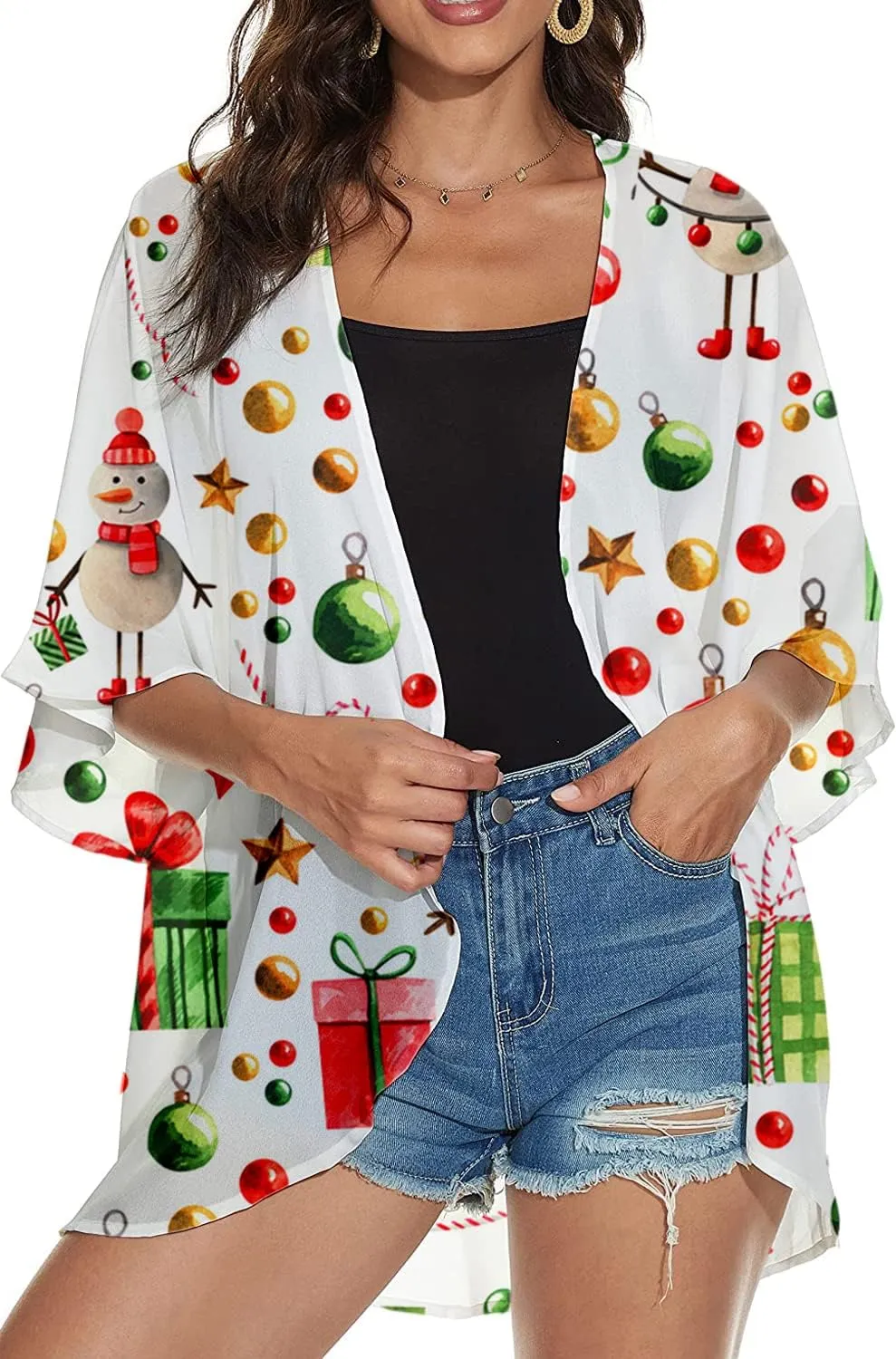 Women's Christmas Holidays Floral Print Puff Sheer Chiffon Kimono Cardigan Capes Loose Coverup Shawl Wraps Casual Blouse Tops