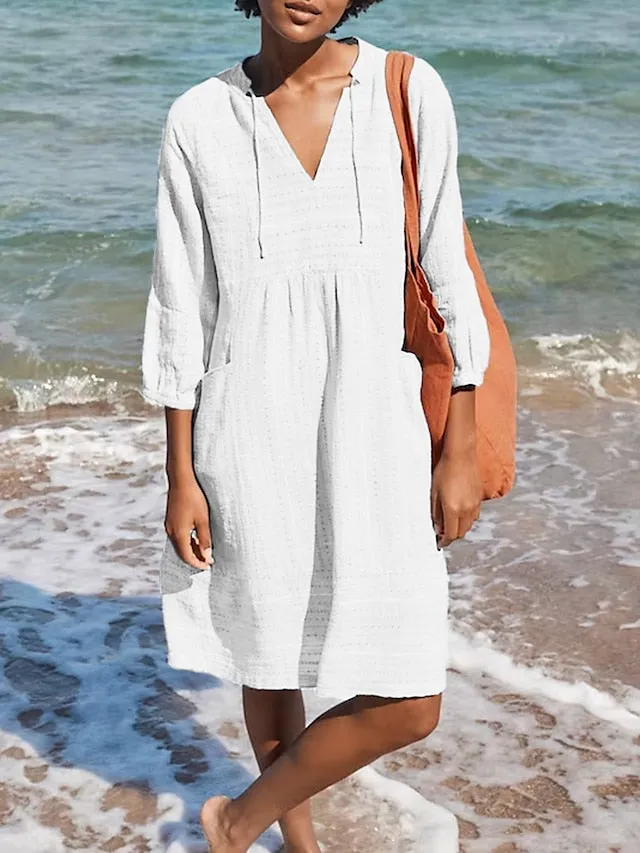 Women's Cotton Linen Dress Casual Dress Midi Dress Cotton Basic Classic Outdoor Daily Vacation V Neck Ruched Pocket 3/4 Length Sleeve Summer Spring Fall 2023 Regular Fit White Blue Green Plain S M L