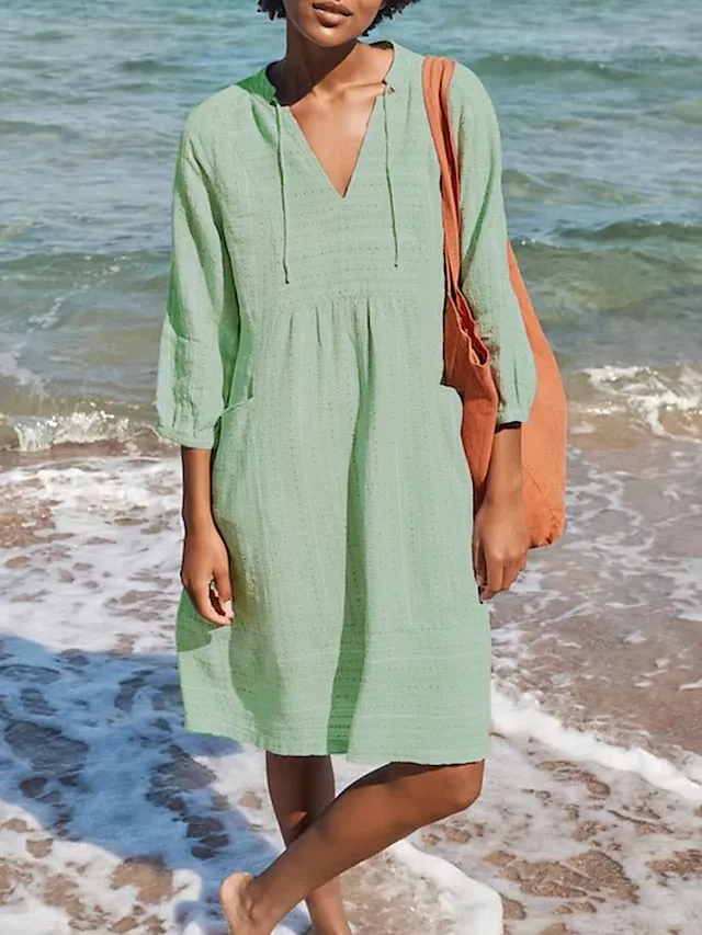 Women's Cotton Linen Dress Casual Dress Midi Dress Cotton Basic Classic Outdoor Daily Vacation V Neck Ruched Pocket 3/4 Length Sleeve Summer Spring Fall 2023 Regular Fit White Blue Green Plain S M L