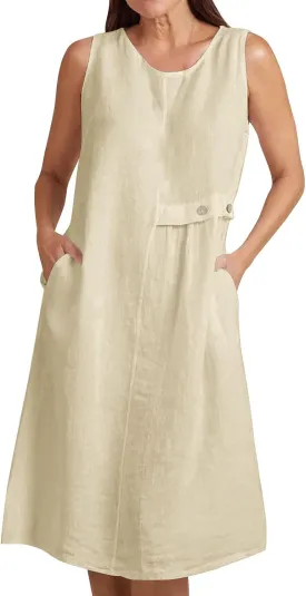 Women's Cotton Linen Sleeveless A-Line Tank Dress with Pockets Loose Crew Neck Casual Lightweight Midi Beach Sundress