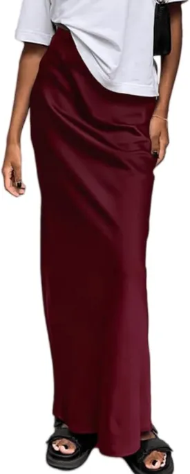 Women's Elegant Satin Silky High Waist Maxi Skirt Elegant Side Zipper Flowy A Line Long Skirts