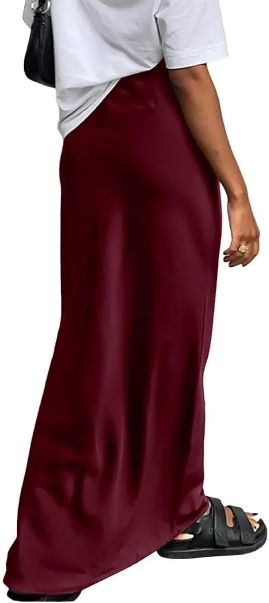 Women's Elegant Satin Silky High Waist Maxi Skirt Elegant Side Zipper Flowy A Line Long Skirts