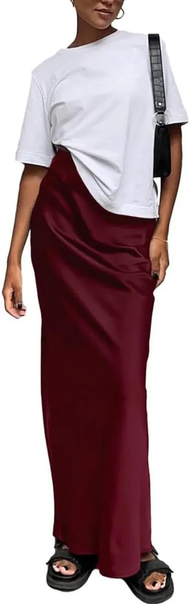 Women's Elegant Satin Silky High Waist Maxi Skirt Elegant Side Zipper Flowy A Line Long Skirts