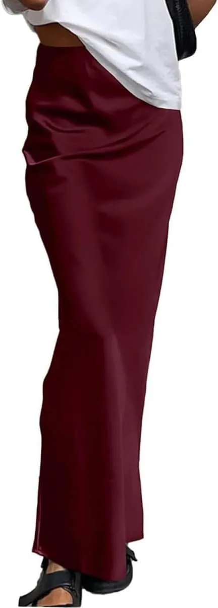 Women's Elegant Satin Silky High Waist Maxi Skirt Elegant Side Zipper Flowy A Line Long Skirts