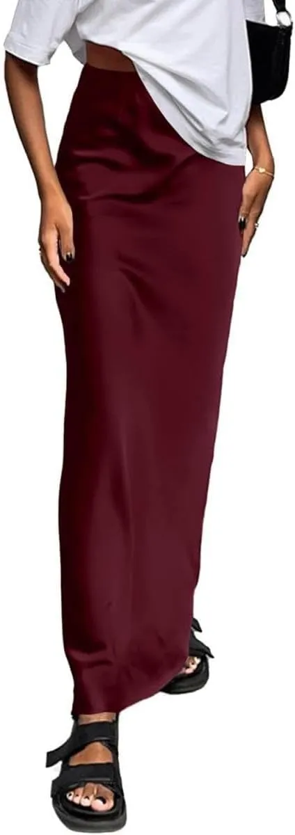 Women's Elegant Satin Silky High Waist Maxi Skirt Elegant Side Zipper Flowy A Line Long Skirts