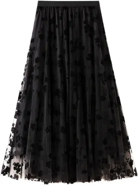 Women's Floral Print Mesh A-Line Midi Skirt 3D Posy Tulle Layered Skirt