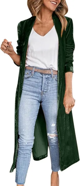 Women's Long Velvet Cardigan Jacket Lapel Collar Open Front Vintage Cardigan Sweater with Pocket