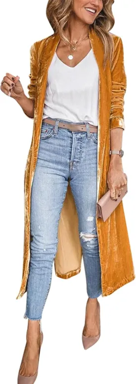 Women's Long Velvet Cardigan Jacket Lapel Collar Open Front Vintage Cardigan Sweater with Pocket