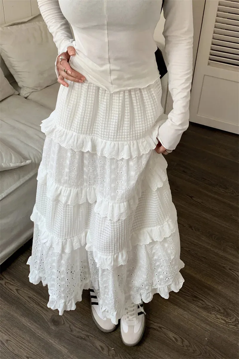 Women’s Multilayer Ruffles Tulle Skirt Pleated High Waist Fluffy Maxi Skirt Fairy Cake Dress Long Tutu Party Skirt