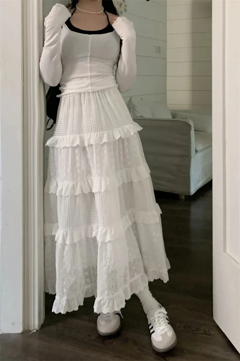 Women’s Multilayer Ruffles Tulle Skirt Pleated High Waist Fluffy Maxi Skirt Fairy Cake Dress Long Tutu Party Skirt