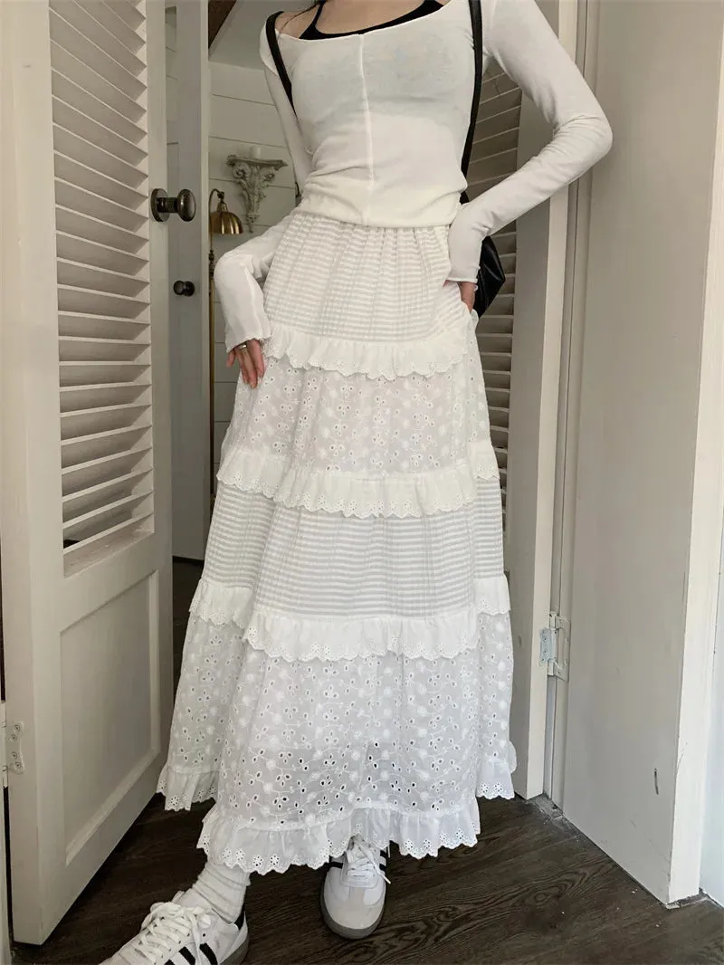 Women’s Multilayer Ruffles Tulle Skirt Pleated High Waist Fluffy Maxi Skirt Fairy Cake Dress Long Tutu Party Skirt