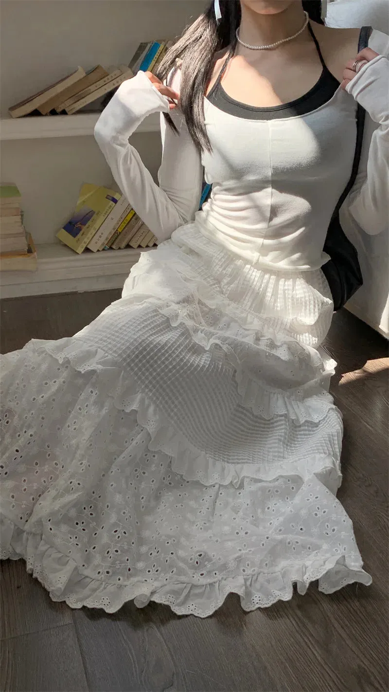 Women’s Multilayer Ruffles Tulle Skirt Pleated High Waist Fluffy Maxi Skirt Fairy Cake Dress Long Tutu Party Skirt