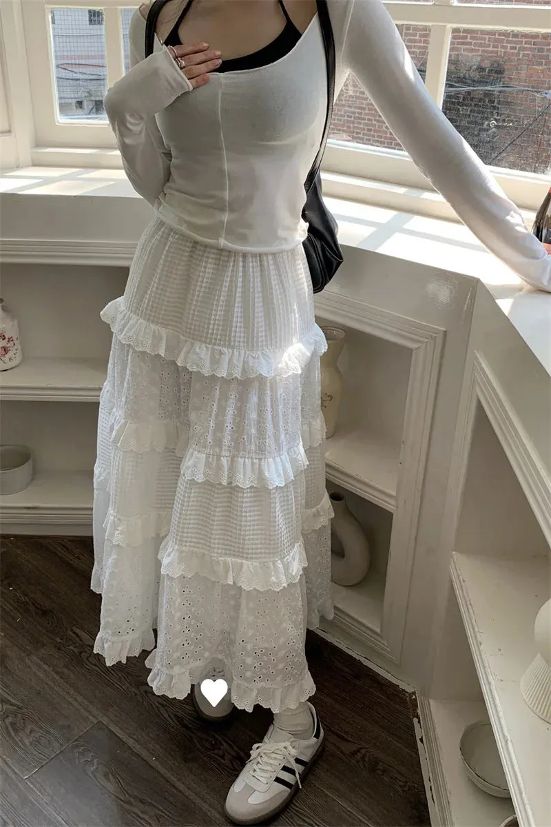 Women’s Multilayer Ruffles Tulle Skirt Pleated High Waist Fluffy Maxi Skirt Fairy Cake Dress Long Tutu Party Skirt