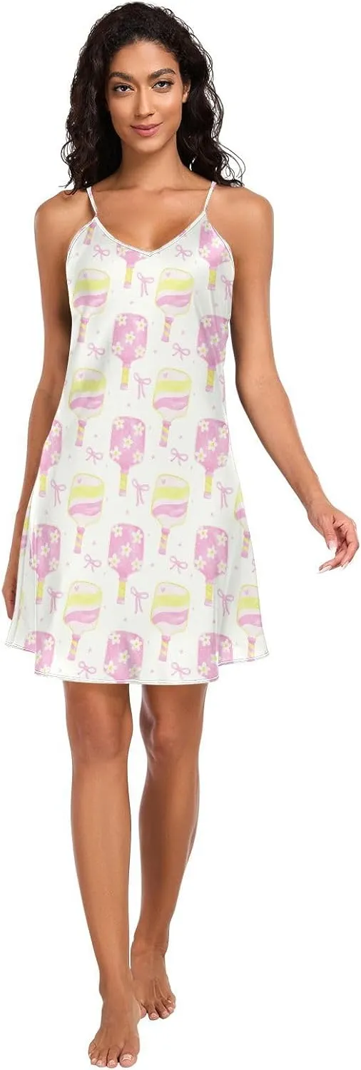 Women's Nightgowns Satin Slip Dress Nightdress Cute Pickleball Paddles Bow Sleepwear Mini Chemises Nightwear