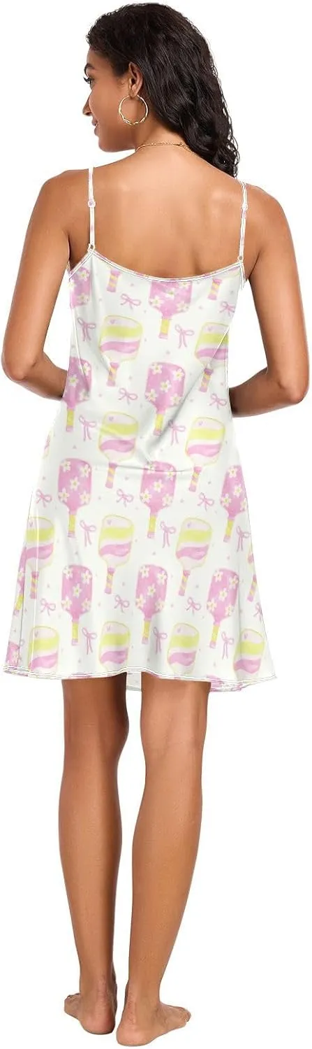 Women's Nightgowns Satin Slip Dress Nightdress Cute Pickleball Paddles Bow Sleepwear Mini Chemises Nightwear