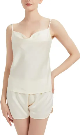 Women's Satin Pajama Set Shorts Silk Pjs 2 Piece Cowl Neck Cami Top Sleep Set