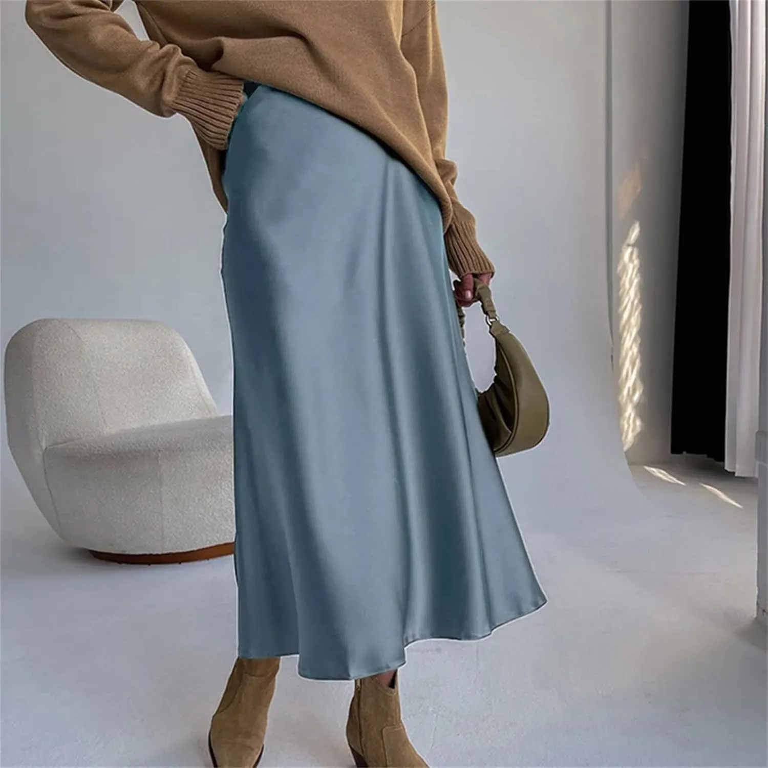Women's Silk Satin Skirts, High Waisted, A-Line Elegant Midi