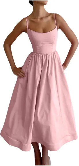 Women's Sleeveless Long Dresses Summer Sexy Sling U Neck Backless Tunic Swing Sundress Low Cut Solid Pleated Dress