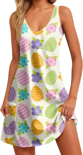 Women's Summer Dresses Vacation Printed Swimsuit Coverup Sleeveless Beach Sundress V Neck 2025 Dress with Pocket