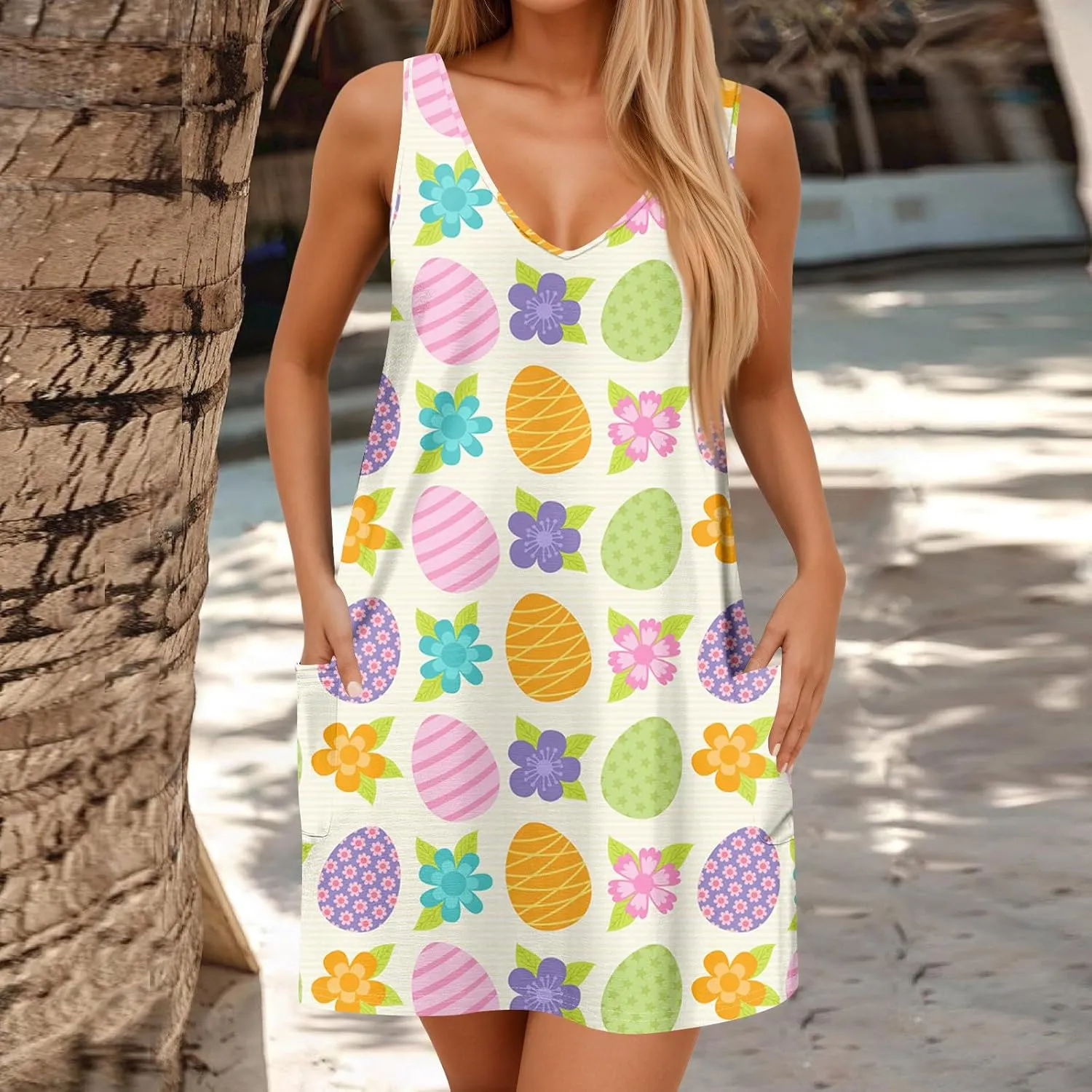 Women's Summer Dresses Vacation Printed Swimsuit Coverup Sleeveless Beach Sundress V Neck 2025 Dress with Pocket