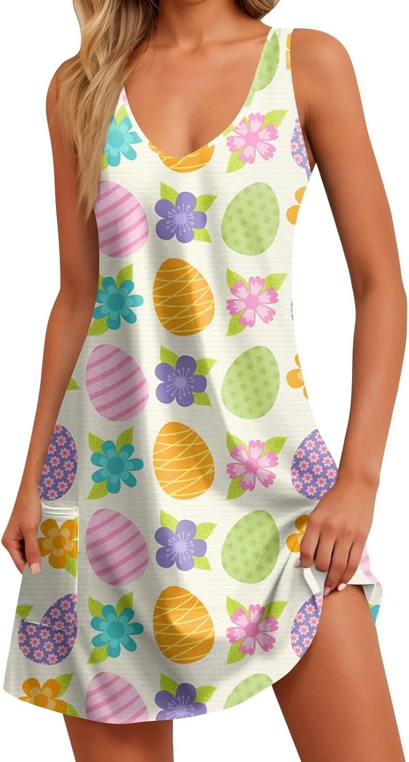 Women's Summer Dresses Vacation Printed Swimsuit Coverup Sleeveless Beach Sundress V Neck 2025 Dress with Pocket
