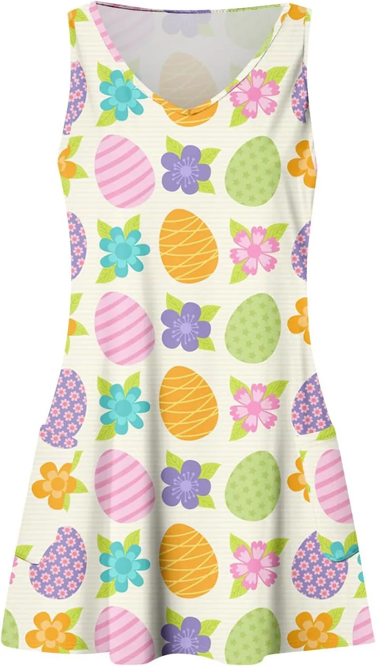 Women's Summer Dresses Vacation Printed Swimsuit Coverup Sleeveless Beach Sundress V Neck 2025 Dress with Pocket