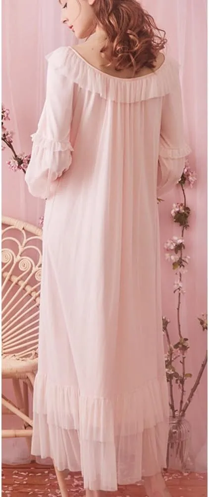 Women's Vintage Victorian Nightgown Long Sleeve Sheer Sleepwear Pajamas Nightwear Lounge Dress