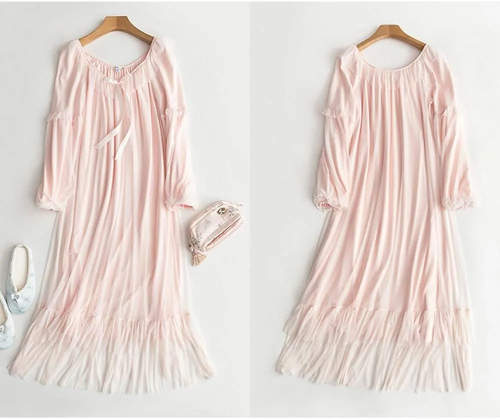 Women's Vintage Victorian Nightgown Long Sleeve Sheer Sleepwear Pajamas Nightwear Lounge Dress