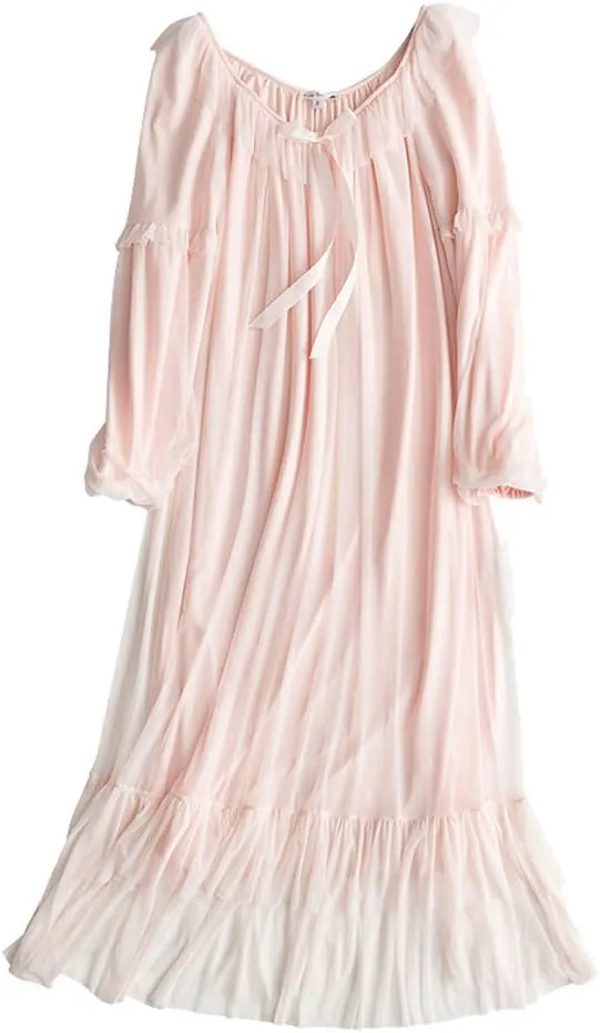 Women's Vintage Victorian Nightgown Long Sleeve Sheer Sleepwear Pajamas Nightwear Lounge Dress