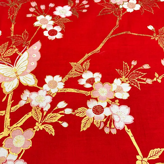 Yukata Robe for Women Sakura and Butterflies Red