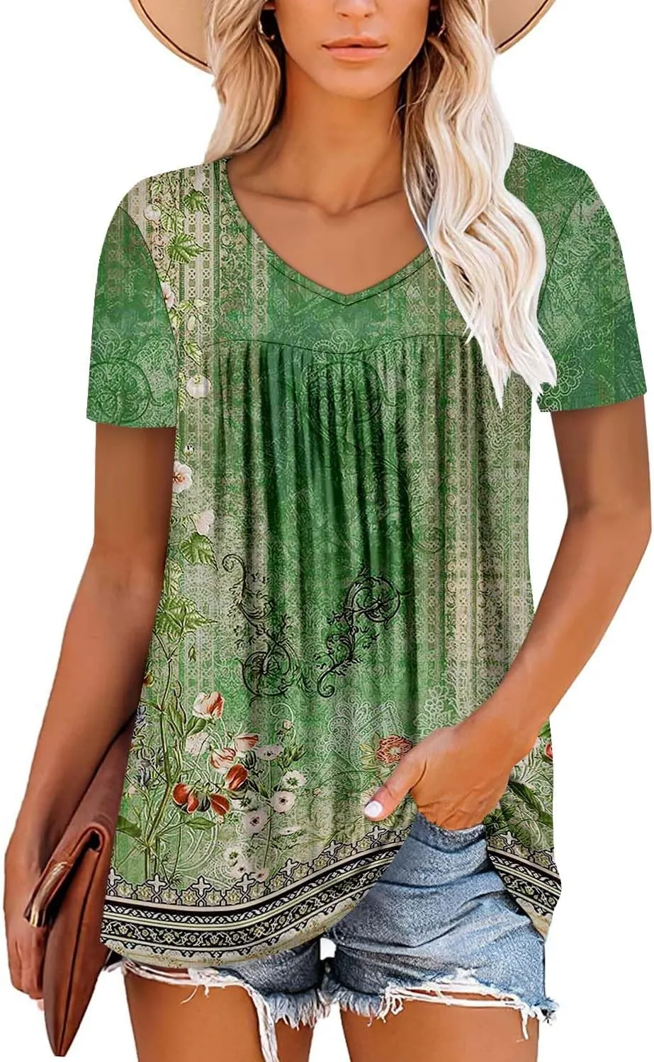 ZOLUCKY Womens Plus Size Short Sleeve Boho Tops Trendy Shirts Loose Fit Blouse Summer Tunic Top for Women S-3XL