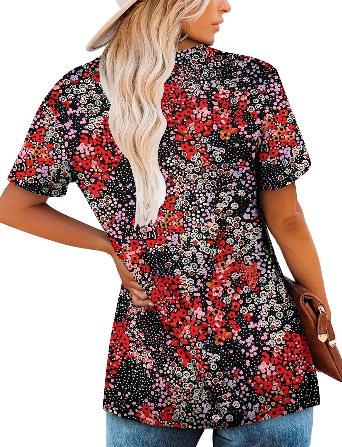 ZOLUCKY Womens Plus Size Short Sleeve Boho Tops Trendy Shirts Loose Fit Blouse Summer Tunic Top for Women S-3XL