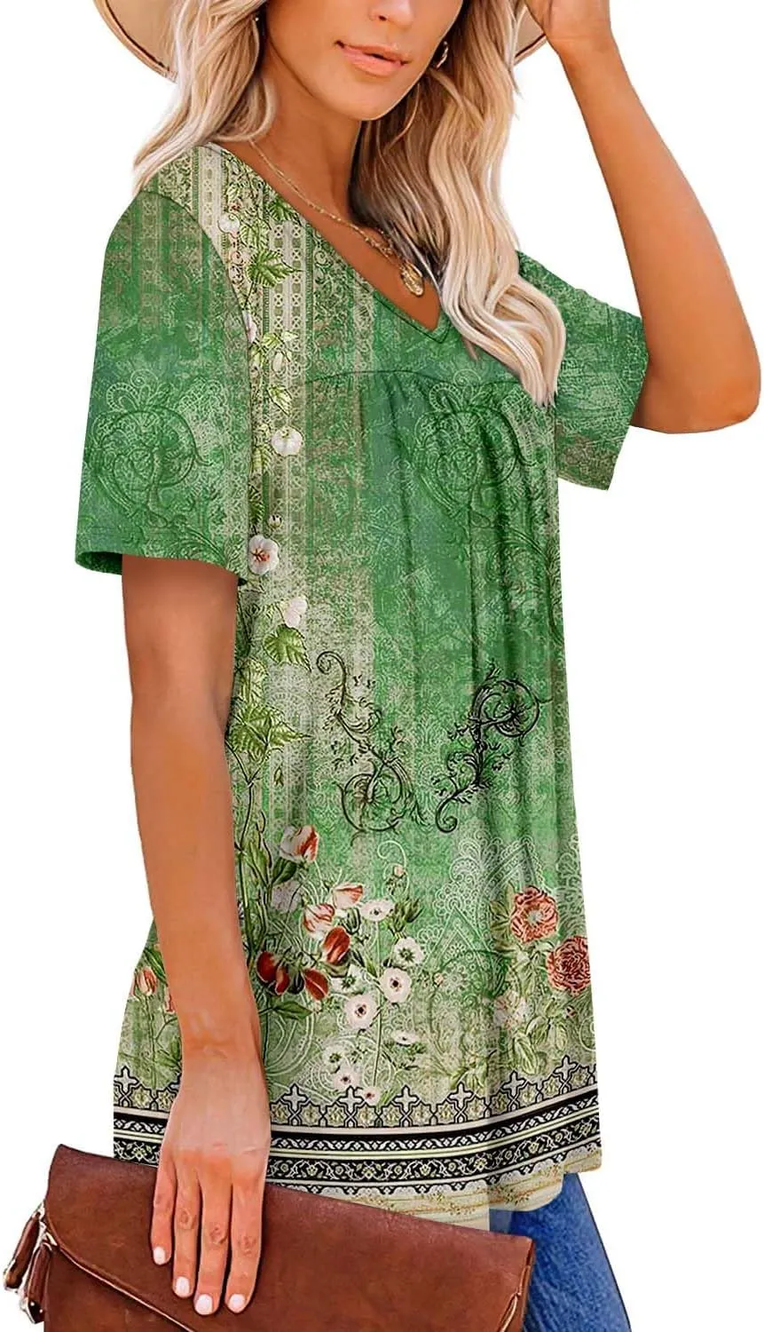 ZOLUCKY Womens Plus Size Short Sleeve Boho Tops Trendy Shirts Loose Fit Blouse Summer Tunic Top for Women S-3XL