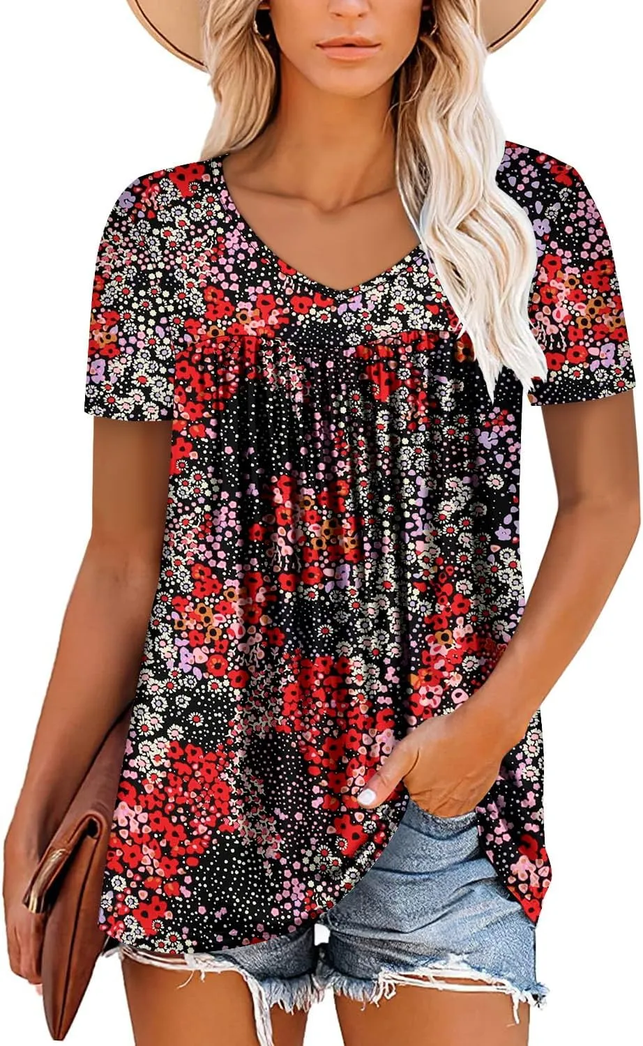 ZOLUCKY Womens Plus Size Short Sleeve Boho Tops Trendy Shirts Loose Fit Blouse Summer Tunic Top for Women S-3XL