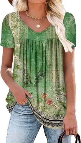 ZOLUCKY Womens Plus Size Short Sleeve Boho Tops Trendy Shirts Loose Fit Blouse Summer Tunic Top for Women S-3XL