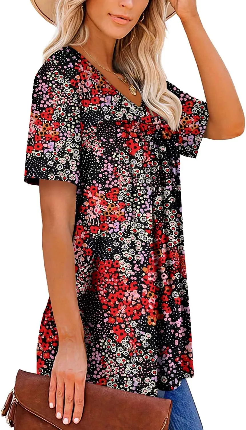 ZOLUCKY Womens Plus Size Short Sleeve Boho Tops Trendy Shirts Loose Fit Blouse Summer Tunic Top for Women S-3XL