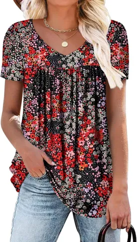 ZOLUCKY Womens Plus Size Short Sleeve Boho Tops Trendy Shirts Loose Fit Blouse Summer Tunic Top for Women S-3XL