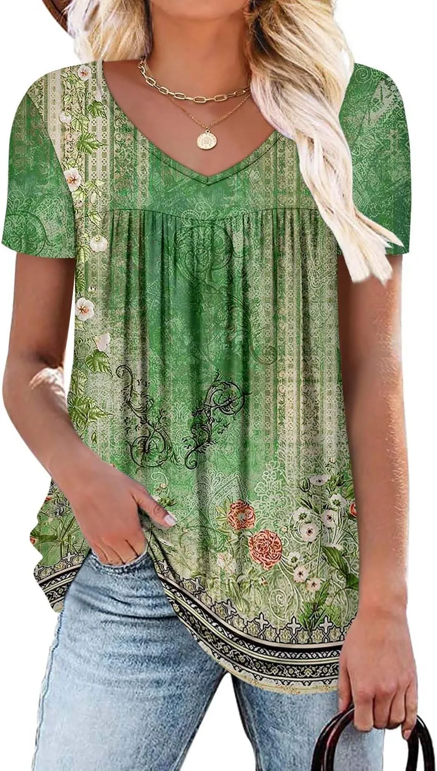 ZOLUCKY Womens Plus Size Short Sleeve Boho Tops Trendy Shirts Loose Fit Blouse Summer Tunic Top for Women S-3XL