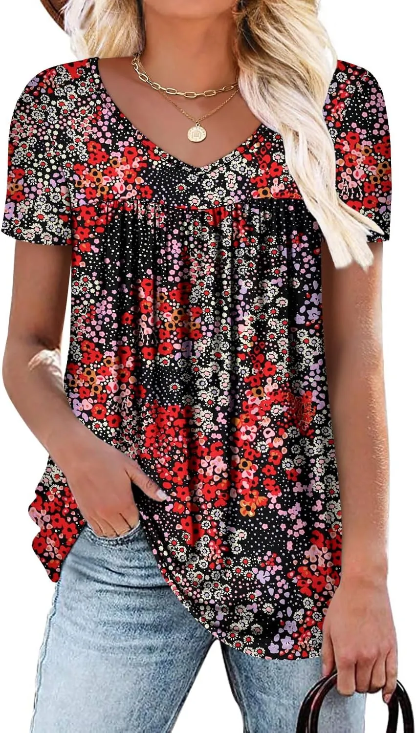 ZOLUCKY Womens Plus Size Short Sleeve Boho Tops Trendy Shirts Loose Fit Blouse Summer Tunic Top for Women S-3XL